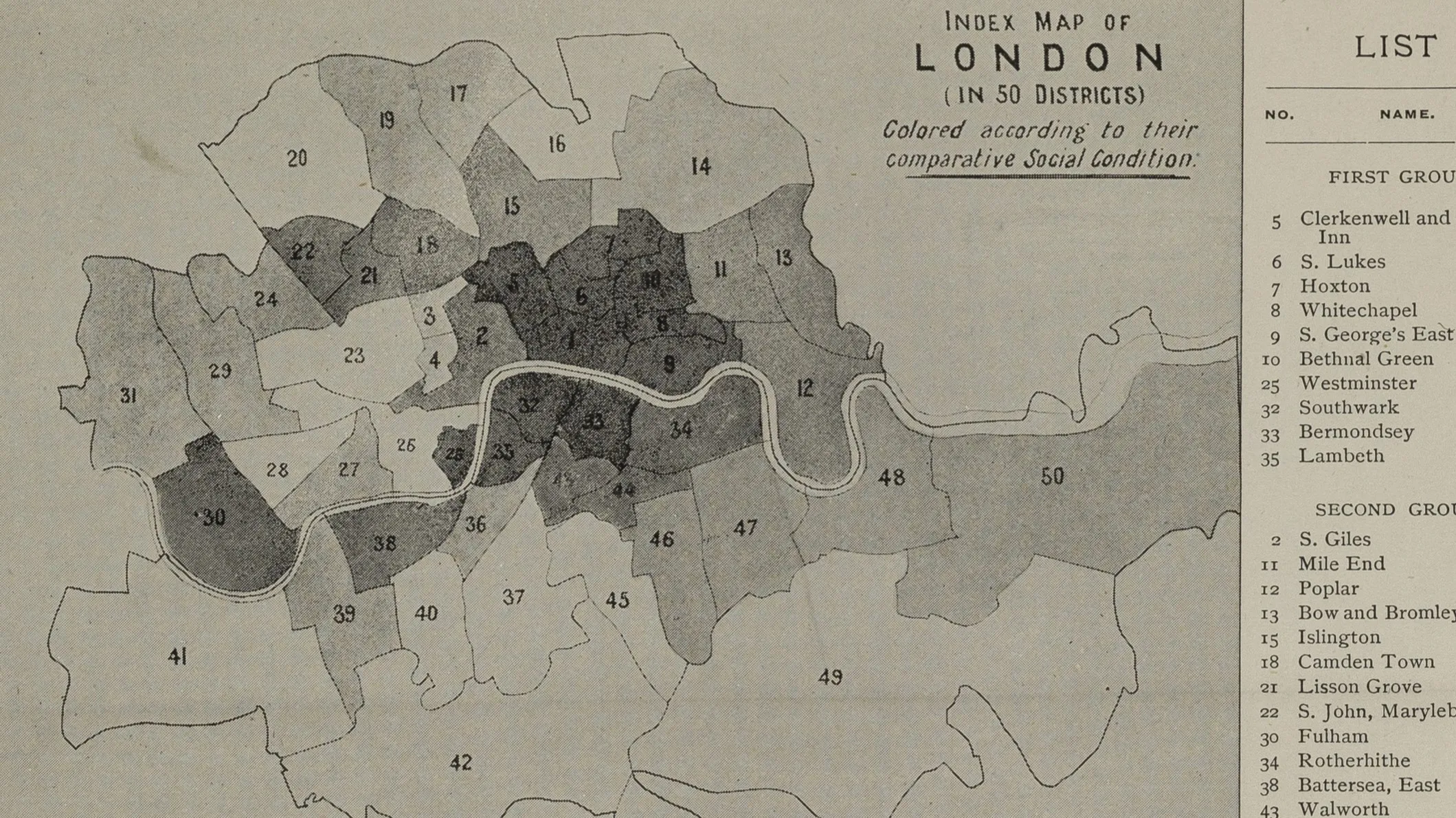 An index map of London displaying various numbered districts.